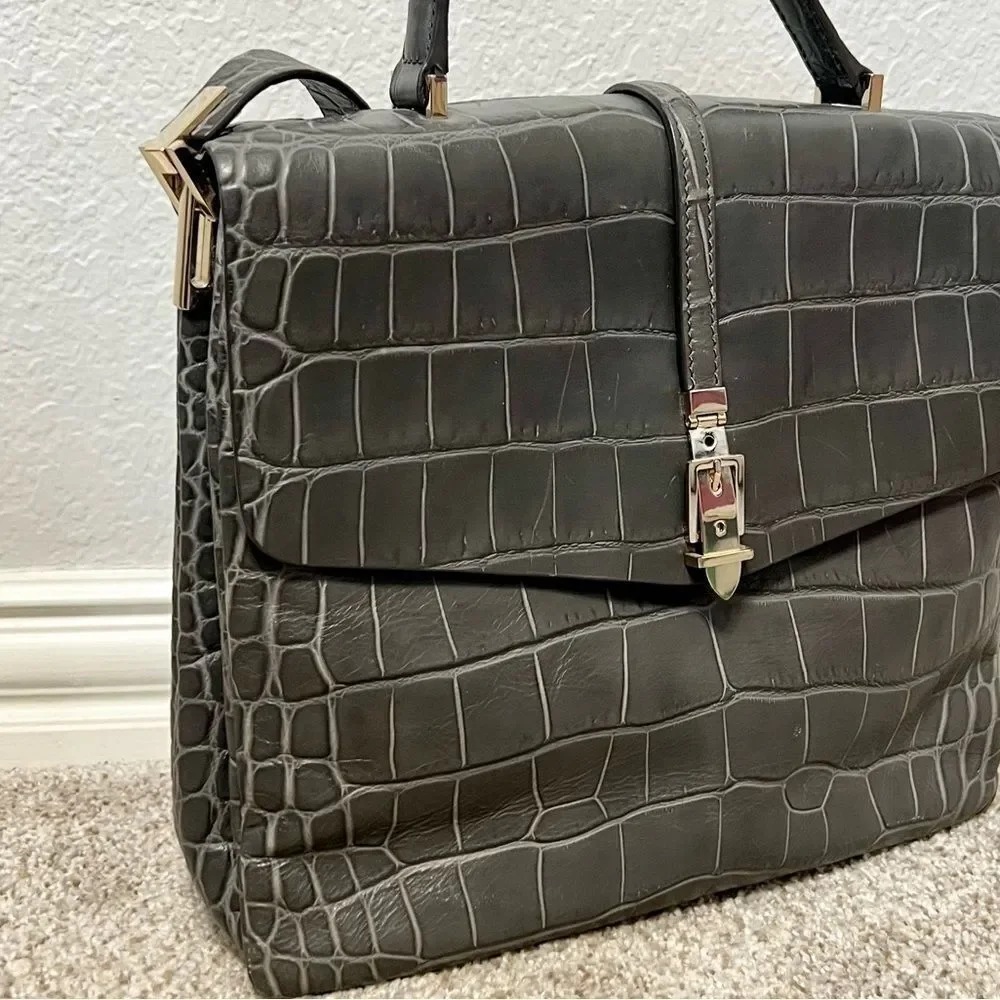 Kate Spade Gray Croc Embossed Leather Satchel Bag Quiet Luxury Chic Capsule